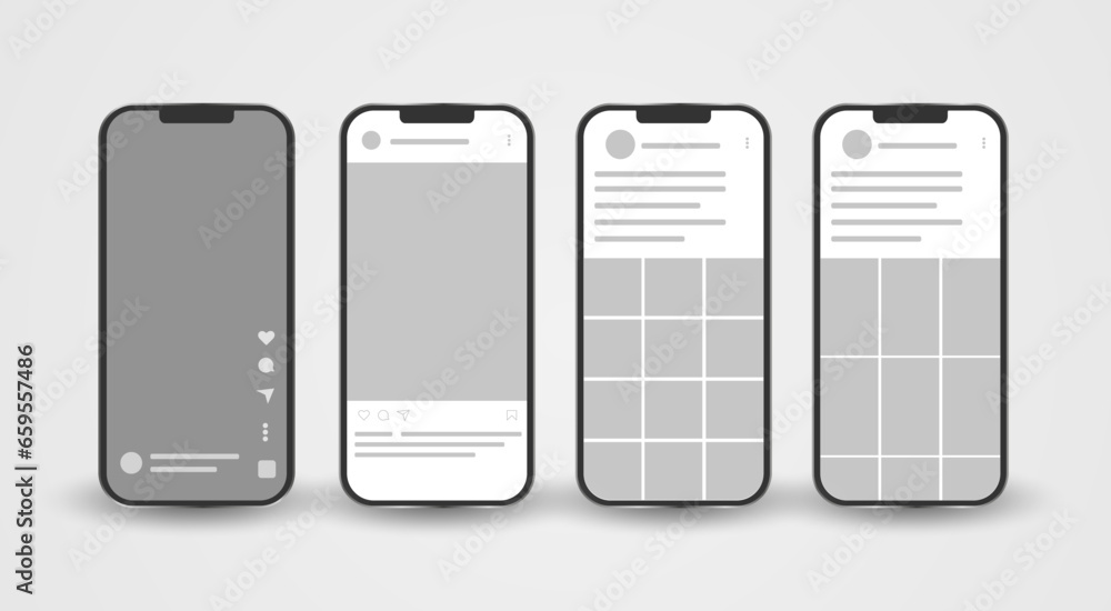 Smartphone mock up with carousel interface post on social network. Social media mobile app page template. Four mobiles for design. Design of the tape profile. Vector illustration - obrazy, fototapety, plakaty 