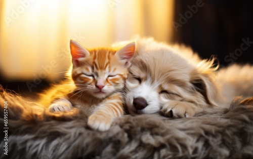 Cat and dog sleeping. Puppy and kitten sleep. © Tisha