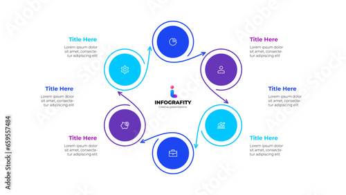 Circles with thin lines. Template for cycle diagram with 6 options  parts  steps or processes