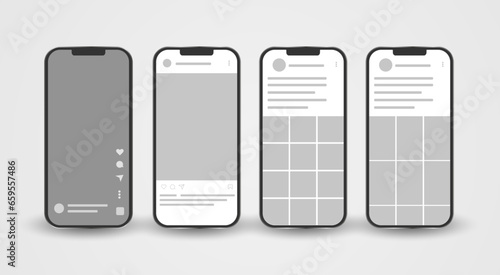 Smartphone mock up with carousel interface post on social network. Social media mobile app page template. Four mobiles for design. Design of the tape profile. Vector illustration