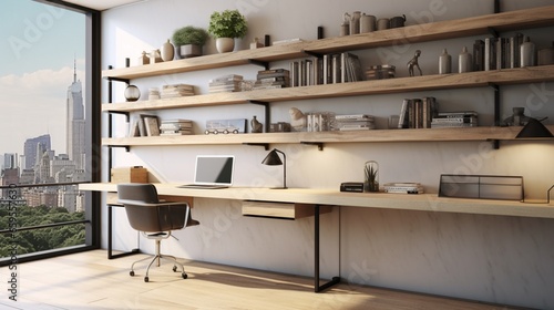 Boost productivity in a sleek home office boasting a wall of floating shelves.