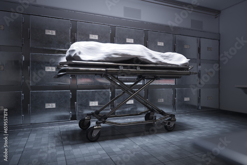 A deceased person lying on a table in a morgue, covered with a white sheet photo