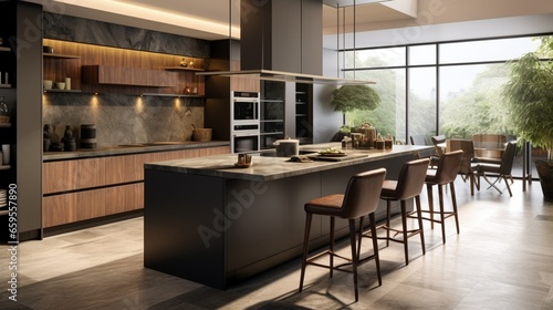 A modern kitchen featuring a striking island in contrasting tones and artistic barstools.