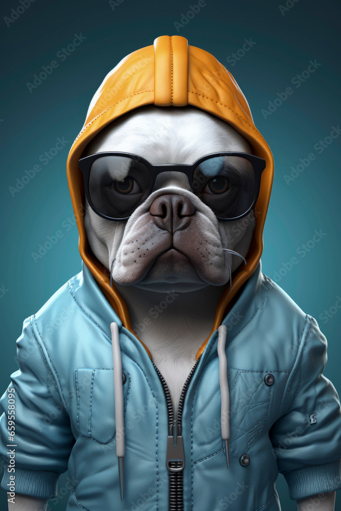 Generative AI illustration of dog dressed in hip hop clothes Generative AI illustration of dog dressed in hip hop clothes