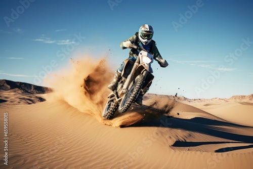 Desert, motorbike jump or sports person travel, agile or driving on off road adventure, air freedom or bike journey. Motorcycle challenge, blue sky or extreme action driver, talent and skill training