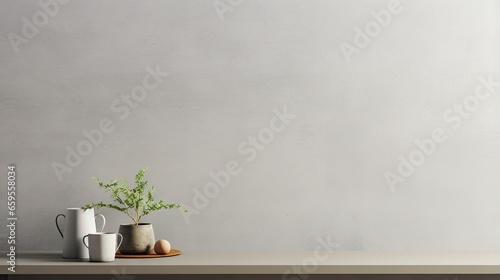  a table topped with two white vases and a plant. generative ai