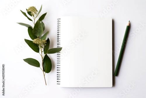 Generative AI illustration of Notebook with blank page with pencil and flowers