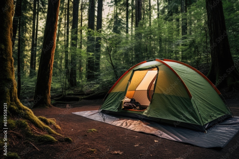 a tent setup in a free camping site in a forest