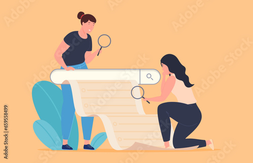 People search for information on the Internet with the help of the search bar. Men and women search and find information on a search site. Vector illustration