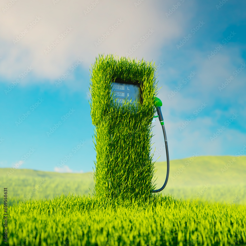Fuel dispenser with a gas pump nozzle covered by green grass. Eco-friendly fuels