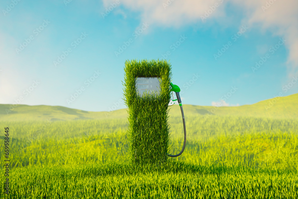 Fuel dispenser with a gas pump nozzle covered by green grass. Eco-friendly fuels - obrazy, fototapety, plakaty 