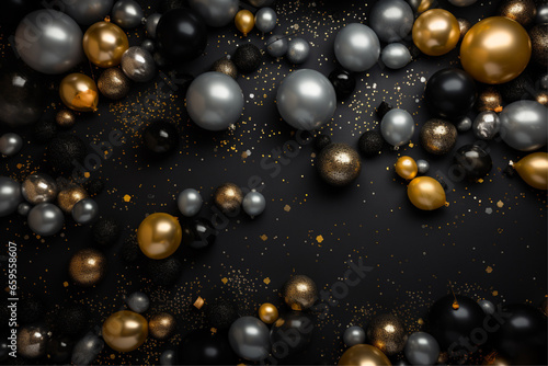 christmas celebration background in black and gold, with colorful balloons