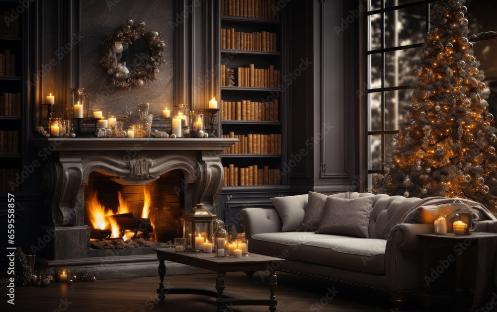 modern interior christmas glowing tree, fireplace