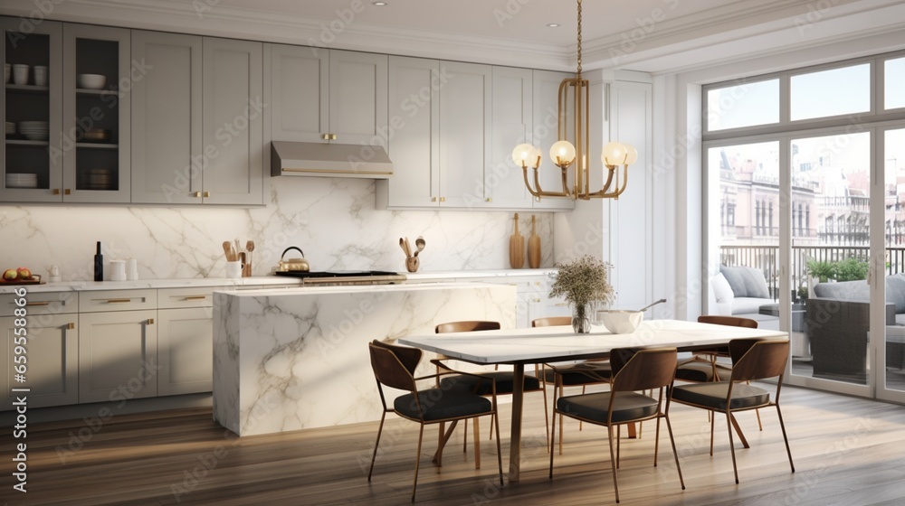 A culinary haven with a refined touch, showcasing a marble backsplash and custom cabinets.