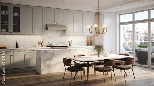 A culinary haven with a refined touch, showcasing a marble backsplash and custom cabinets.
