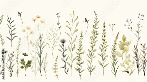  a bunch of plants that are on a white surface with a white background.  generative ai