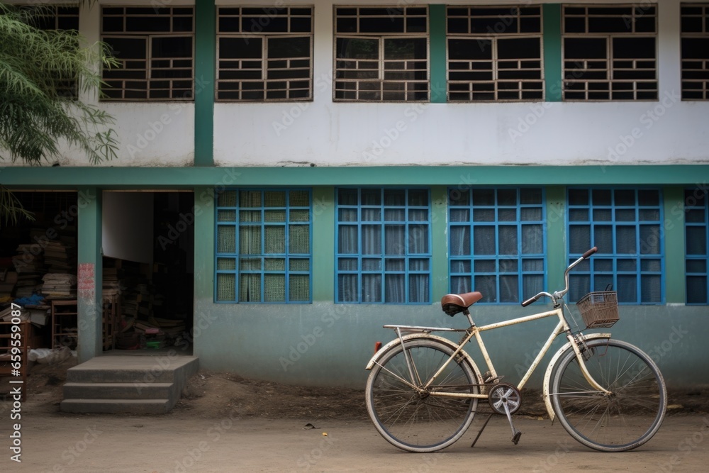 bicycle parked in front of dormitory building