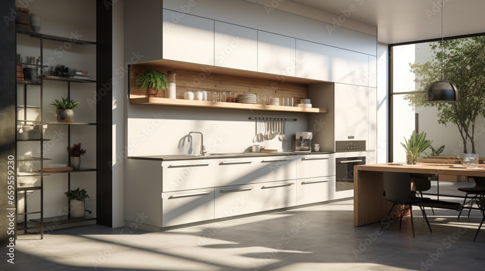 A simplified kitchen design with a concealed pantry and a streamlined aesthetic.