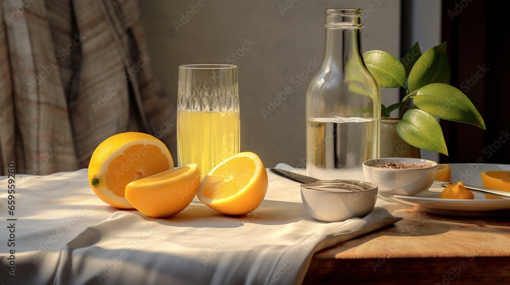 a table topped with oranges and a glass of juice. generative ai a table topped with oranges and a glass of juice. generative ai