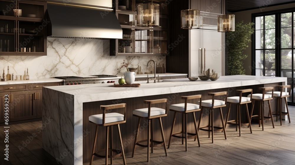 A gastronomic kitchen showcasing a marble-topped island and refined barstools.