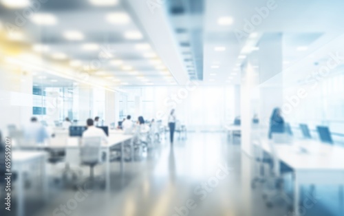 Abstract White blurred interior modern office space with business people working banner background with copy space