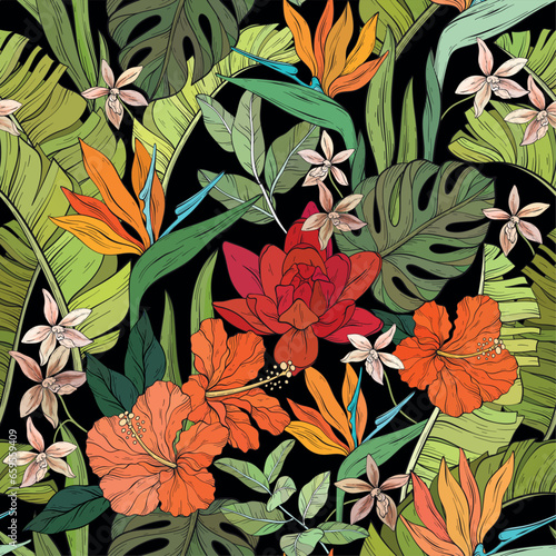 tropical pattern with various flowers