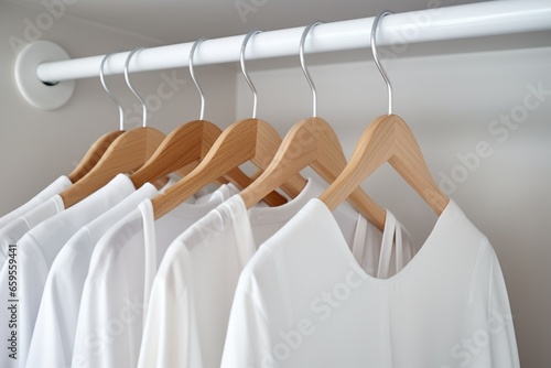polished wooden hangers in a clean white closet