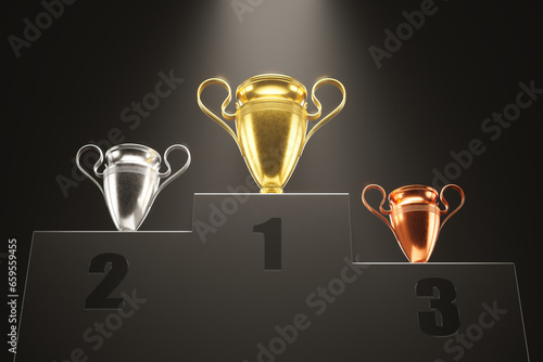 Obraz na płótnie Golden, silver and bronze metallic trophy cups on a podium in the spotlight w salonie