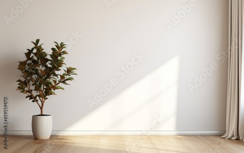 Plant against a white wall mockup. White wall mockup with brown curtain, plant and wood floor
