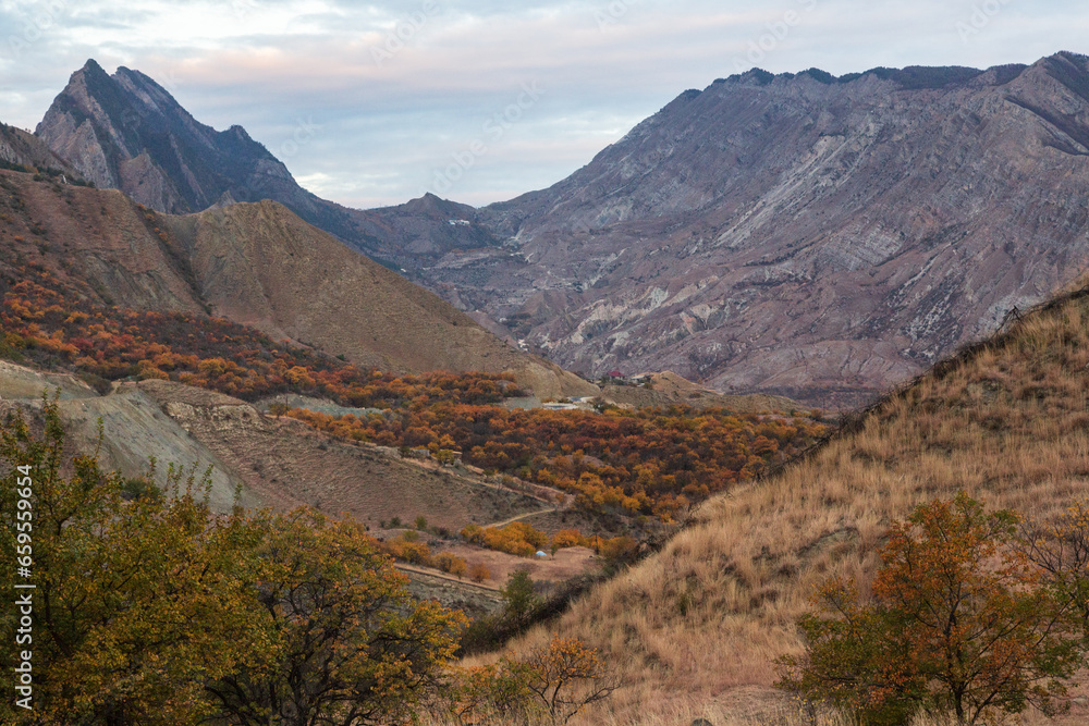 Naklejka premium Mountainous landscape in Dagestan, near Gunib and Salta in autumn. Dagestan, Russia