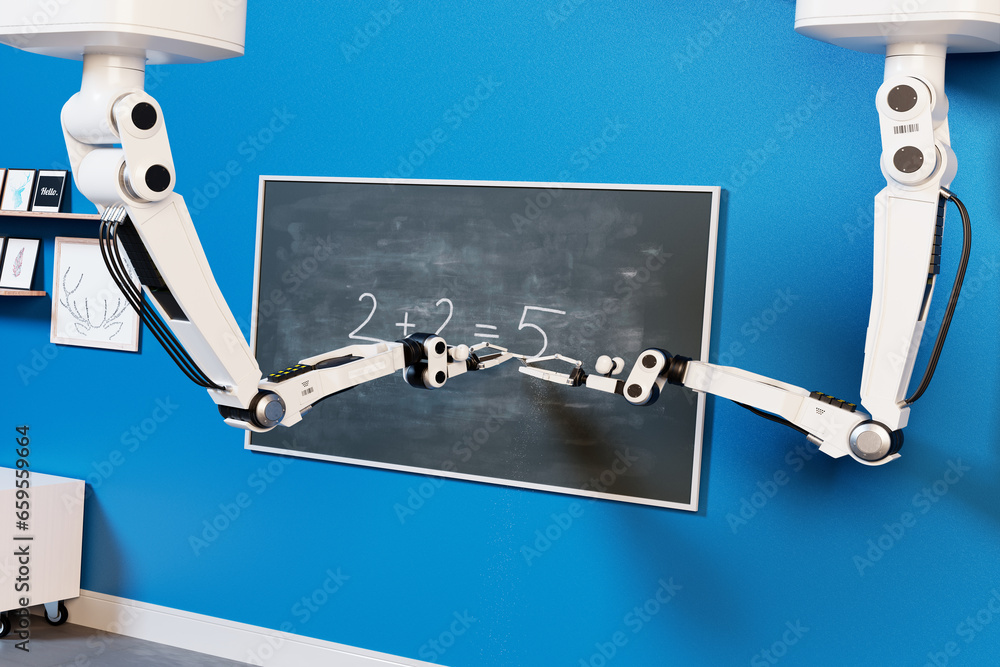 Sci-fi concept of the advanced futuristic robot writing simple math equation.