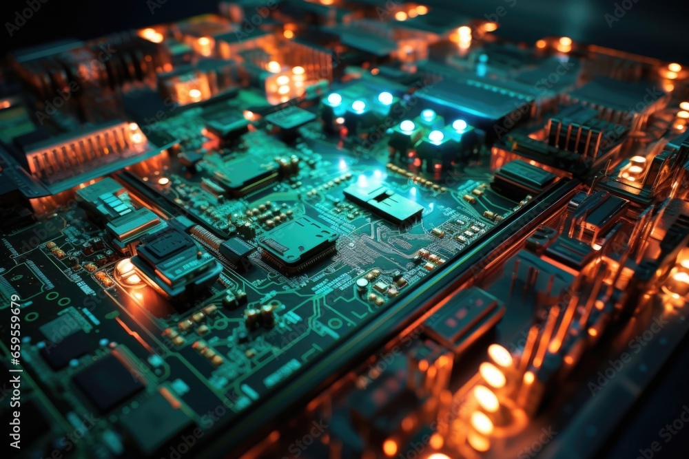 angular view of a sprawling circuit board with glowing led lights angular view of a sprawling circuit board with glowing led lights