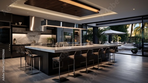 A streamlined kitchen boasting a double island and trendy bar seating.