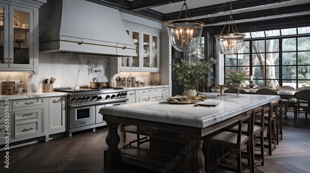 A gourmet kitchen with a marble-topped island and captivating pendant lighting.