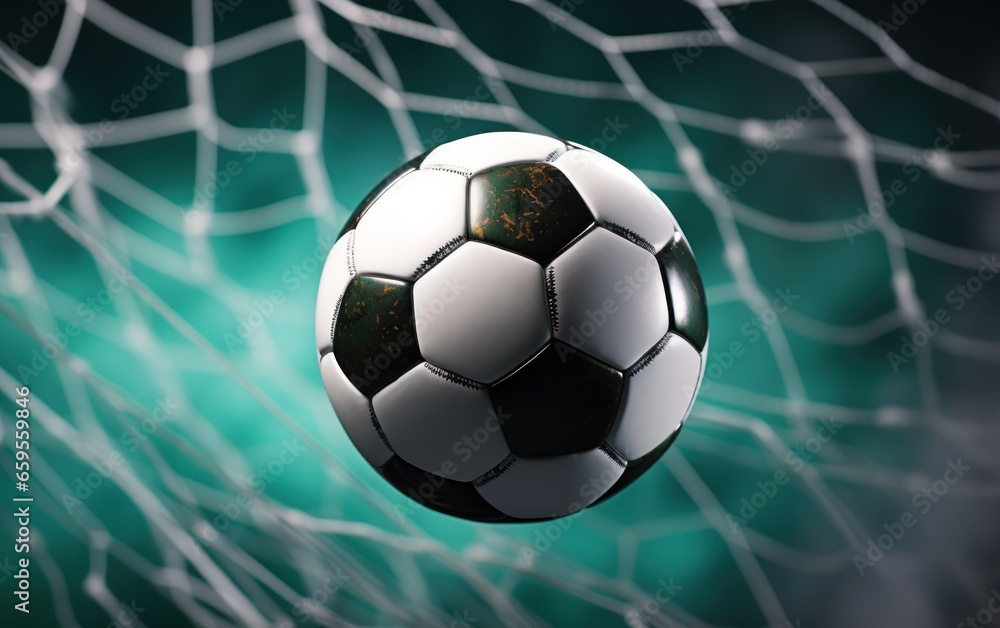 Naklejka premium soccer ball in goal with green backgroung