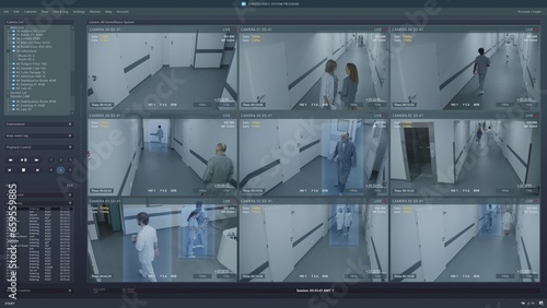 Playback CCTV cameras in hospital hallway on computer screen. Surveillance interface with AI futuristic program and people recognition system. Security cameras. Concept of identification and tracking.