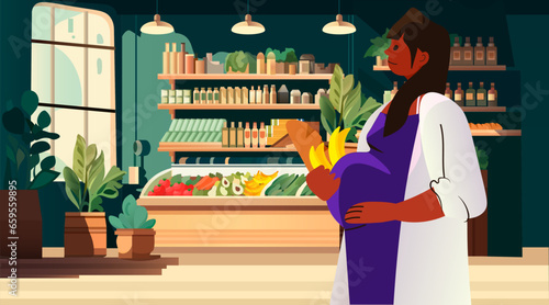 happy pregnant woman future mom choosing groceries pregnancy motherhood expectation concept grocery shop interior