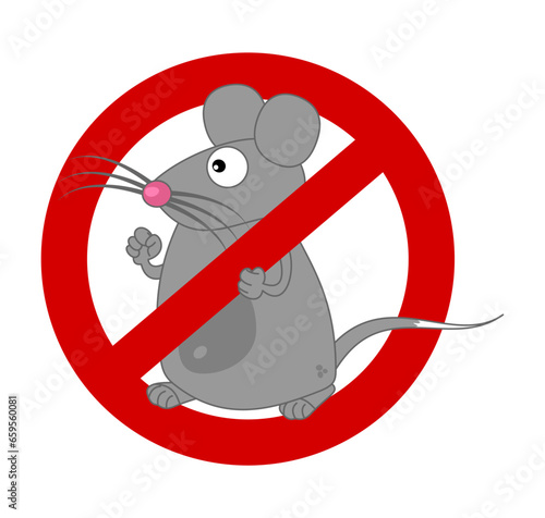 Gray mouse with big moustache in red road sign crossed out on white background - vector