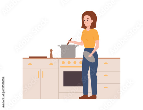 Cartoon woman preparing soup on the stove, people enjoying cooking food at kitchen, vector homemade healthy dish