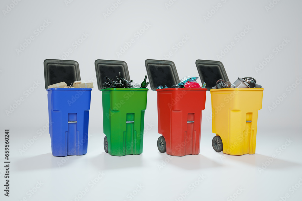 A row of the colorful recycle bins for sorting waste and promoting ...