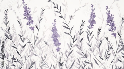  a painting of purple flowers on a white wall with a white background.  generative ai