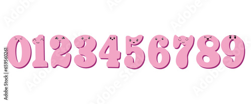 Cute numbers for children. Collection of lucky numbers in cartoon style. Educational clipart set.Beautiful element for children's birthday invitation, greeting card and cake design. Vector illustratio