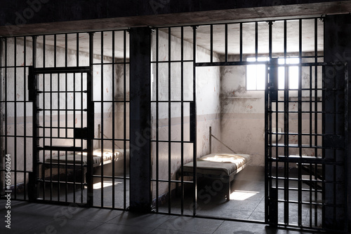 Принти на полотні Sunlight streaming through window of empty prison cell, illuminating the bed