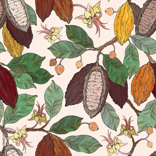 pattern of cocoa leaves, flowers and fruits