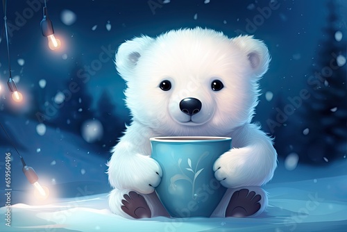 cute icebear drink hot chocolate on magic winter landscape illustration