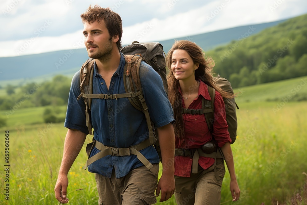 caucasian couple hiking in rural field