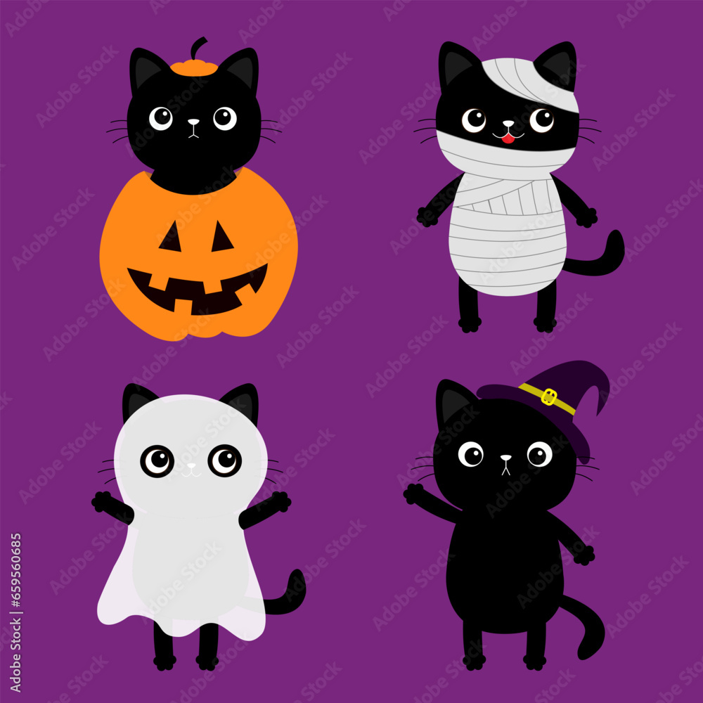 Black cat wearing mummy mum, witch hat, pumpkin, ghost spirit monster costume. Kitten set. Happy Halloween. Funny face. Cute cartoon spooky character. Greeting card. Flat design. Violet background. Black cat wearing mummy mum, witch hat, pumpkin, ghost spirit monster costume. Kitten set. Happy Halloween. Funny face. Cute cartoon spooky character. Greeting card. Flat design. Violet background.