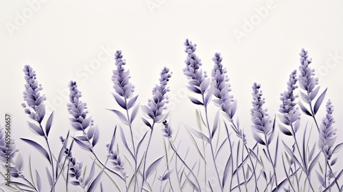  a bunch of lavender colored flowers against a white sky background. generative ai