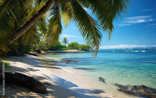 Wild tropical beach with coconut trees and other vegetation, white sand beach