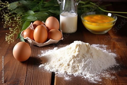 raw flour and eggs arranged for baking on a wooden table